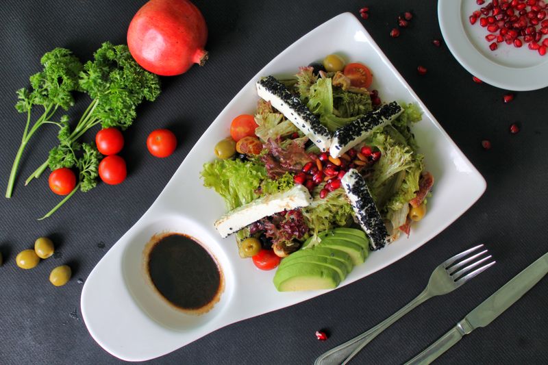 Fresh Mediterranean salad with feta cheese and olives